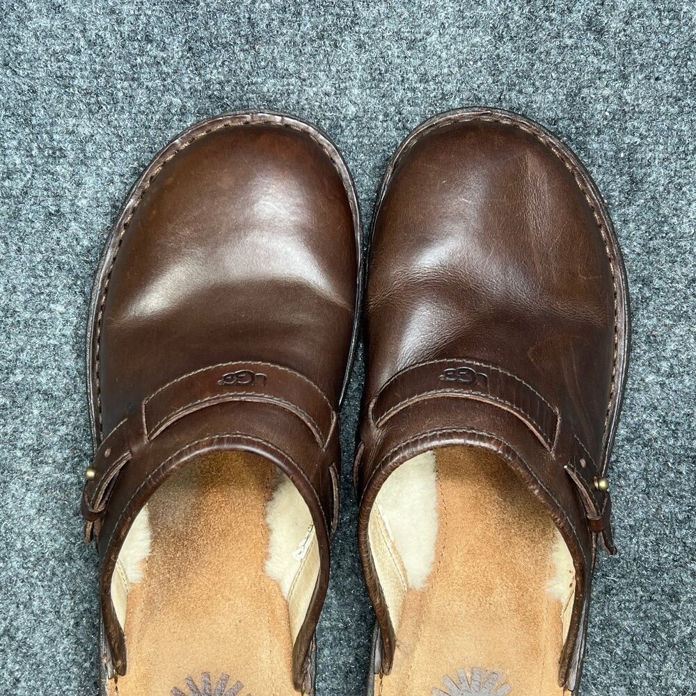 UGG Livia Mules Women's 10 Brown Leather Slip On‎ Shearling Lined Shoes Loafers - Picture 7 of 10